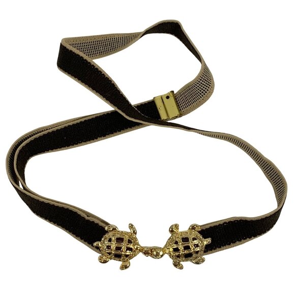 Vintage 70s Enamel/Brass KISSING TURTLE Belt Buckle Elastic Waist Costume Boho